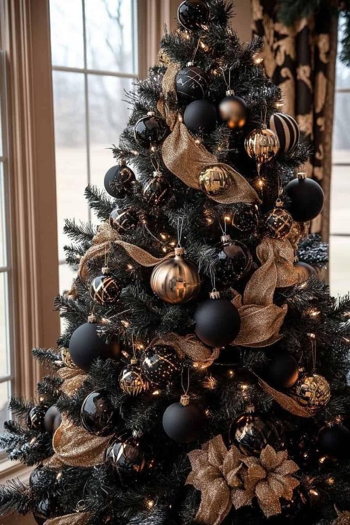 Black and gold Christmas tree with matte black ornaments and antique gold decorations.