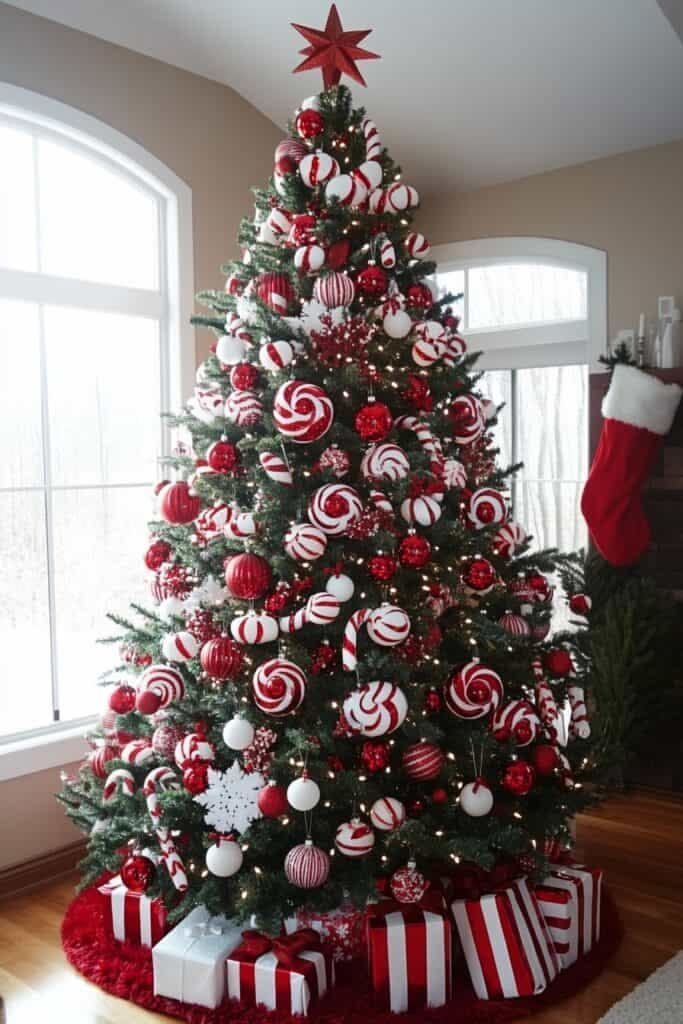 Candy cane Christmas tree decorated with red-and-white striped ribbons and peppermint ornaments.