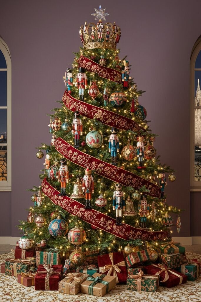 Nutcracker-inspired Christmas tree decorating ideas with toy soldier ornaments, red bows and gold decorations.