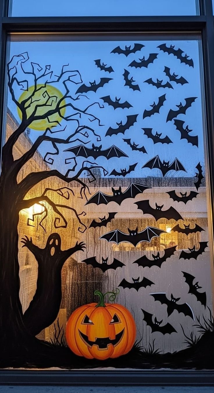 Black bat silhouettes painted across a Halloween window