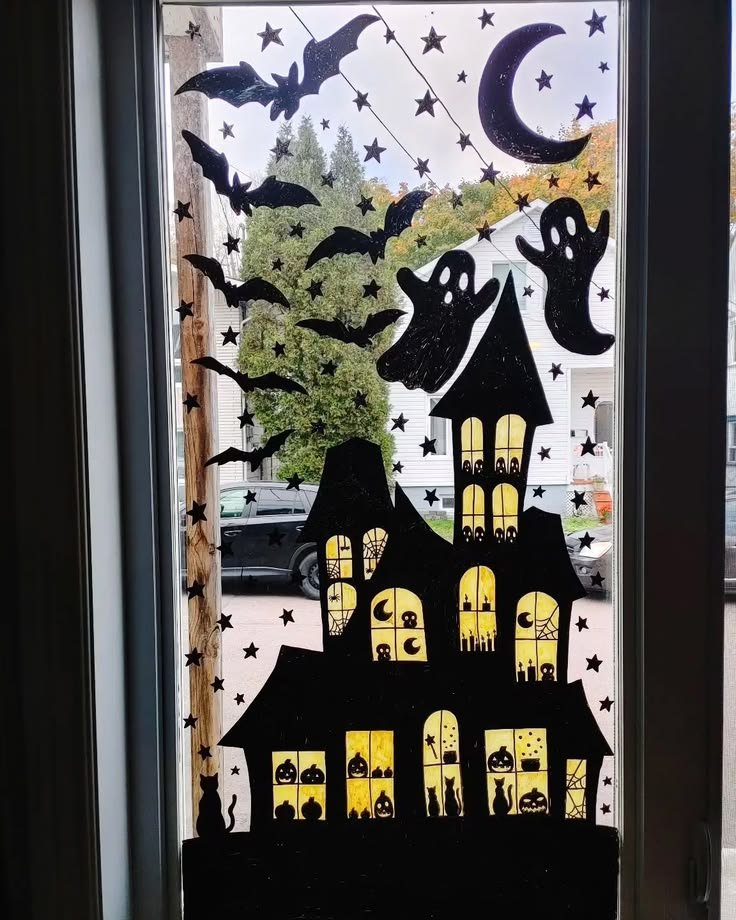 Spooky haunted house window painting with a glowing moon