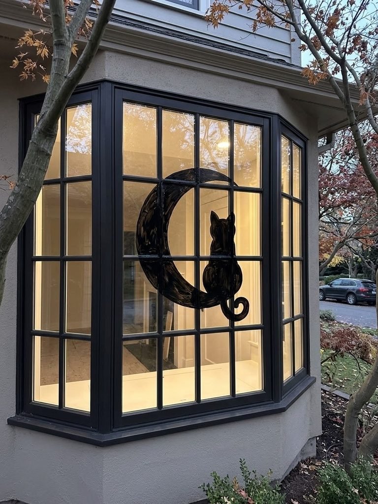 Black cat and crescent moon Halloween window painting