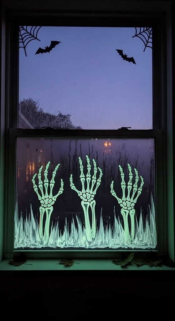White skeleton hands painted on a spooky Halloween window