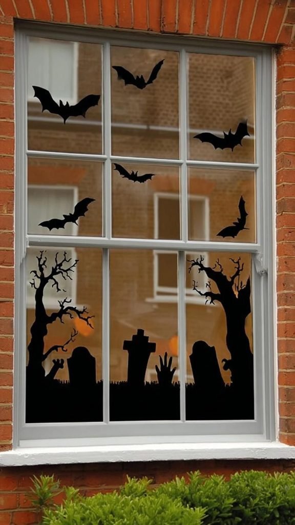 Halloween graveyard window painting with tombstones and bats