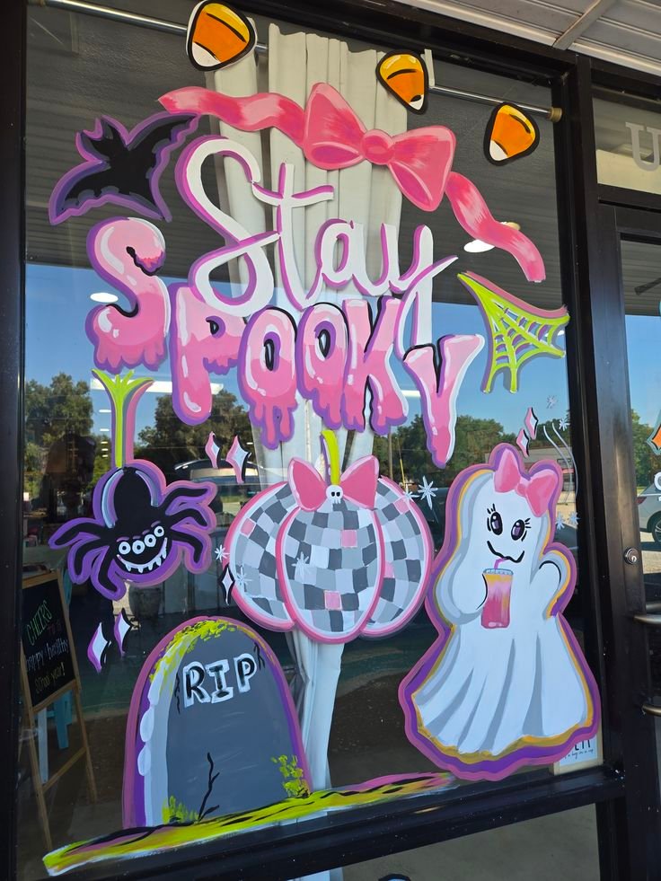 Cute pastel Halloween window painting with ghosts and pumpkins