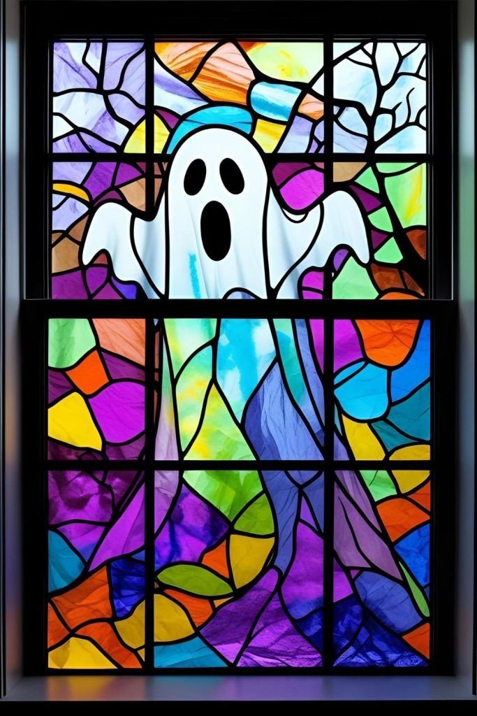Colorful Halloween stained glass inspired window painting