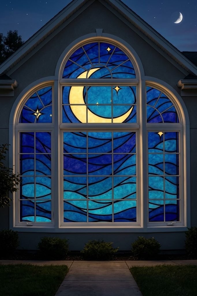 Gothic crescent moon and stars painted on a Halloween window