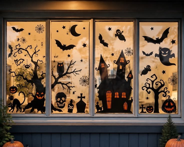 Spooky Halloween village painted across a large front window