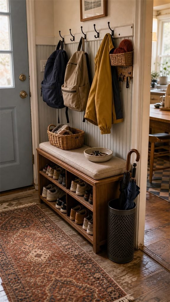 Organized entryway with wooden wall hooks, a shoe bench, and woven storage baskets