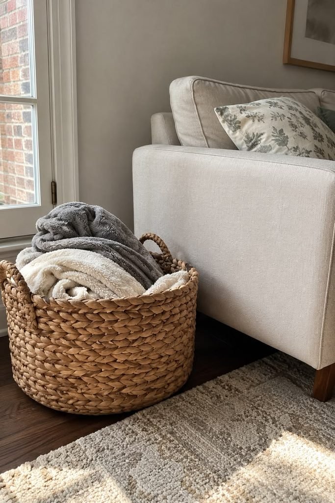 Oversized woven basket filled with cozy throw blankets beside a living room sofa