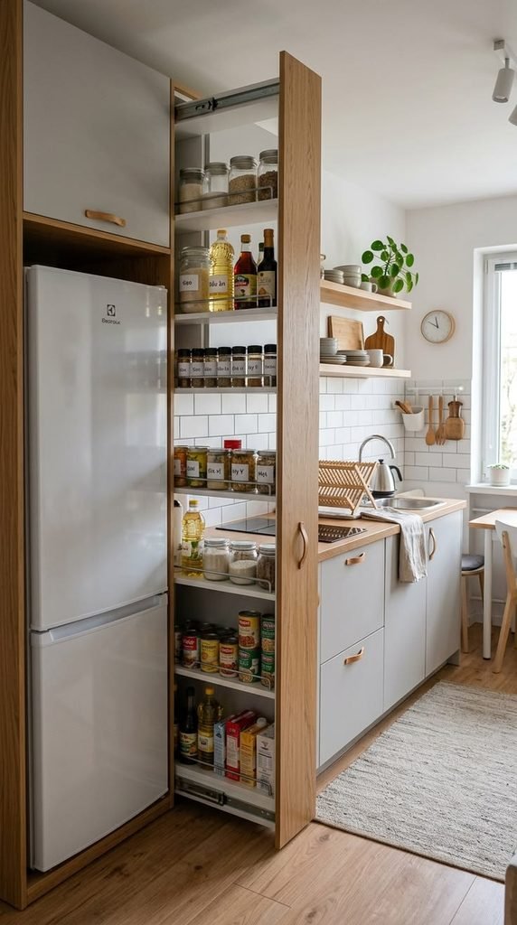 home Organization ideas kitchen pantry with pull-out shelves and neatly arranged food supplies
