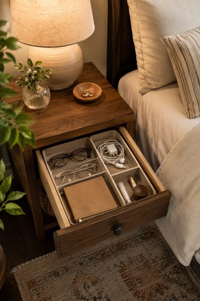 Open bedside drawer with wooden organizers for chargers and everyday essentials