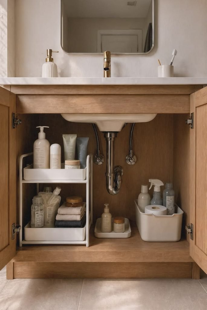 Organized bathroom under-sink cabinet with stackable storage bins