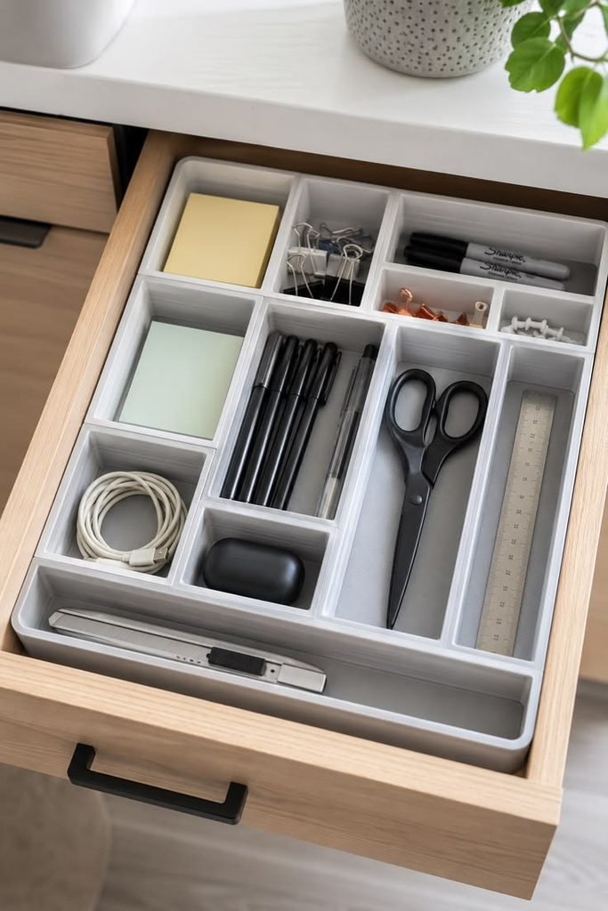 Home office desk drawer organized with adjustable dividers and stationery