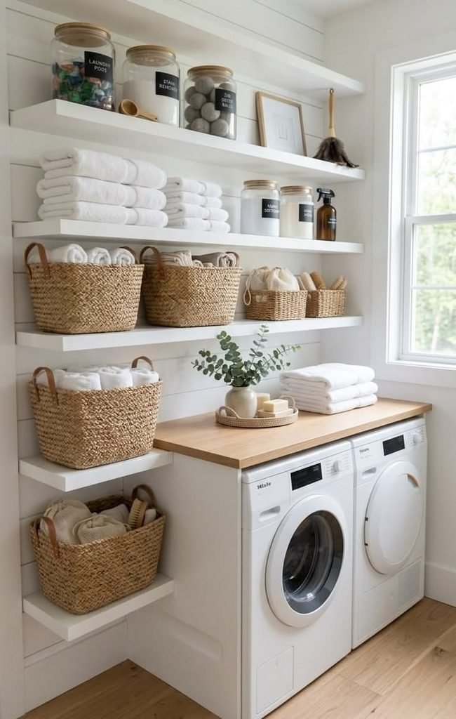 Organized laundry room with wooden wall shelves and storage baskets