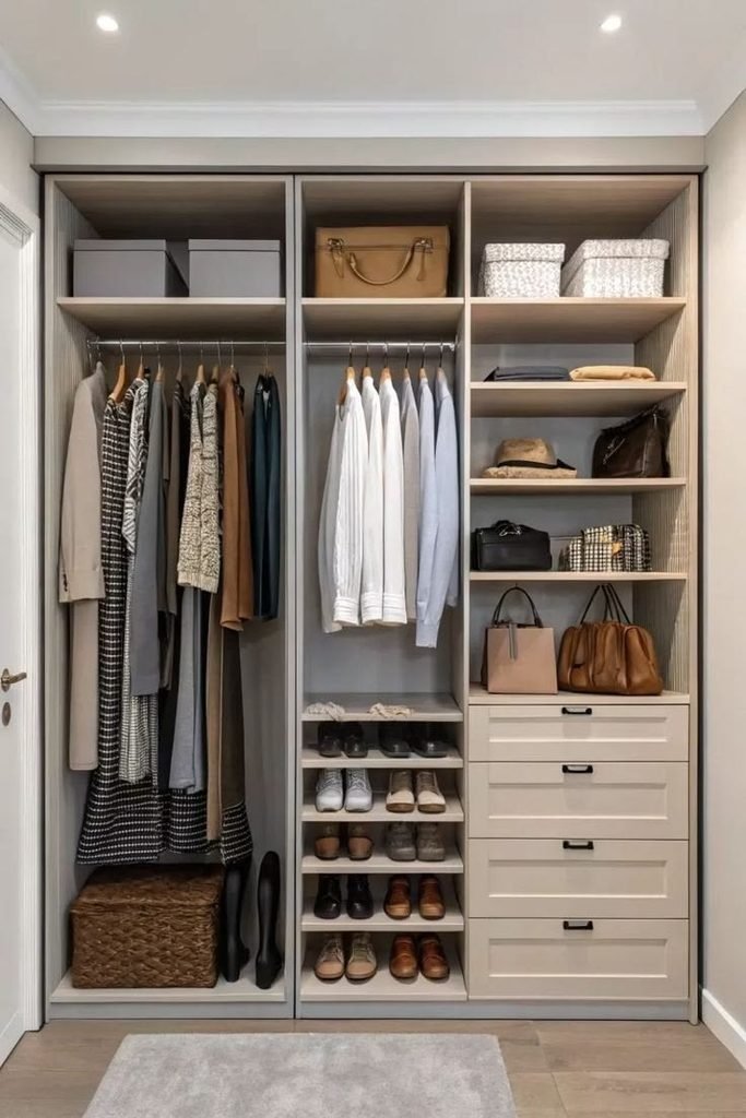 Neatly organized bedroom closet with wooden hangers and storage boxes