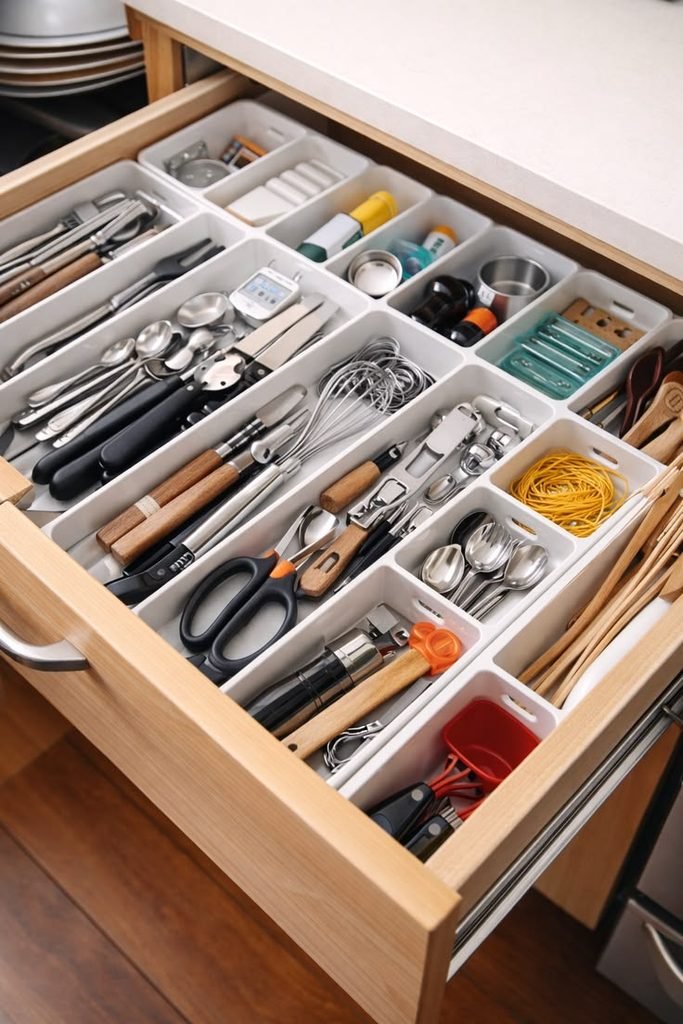 Organized kitchen drawer with wooden dividers for utensils and cutlery