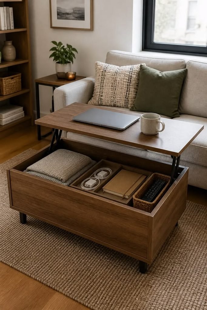 Cozy living room with a wooden coffee table featuring hidden storage