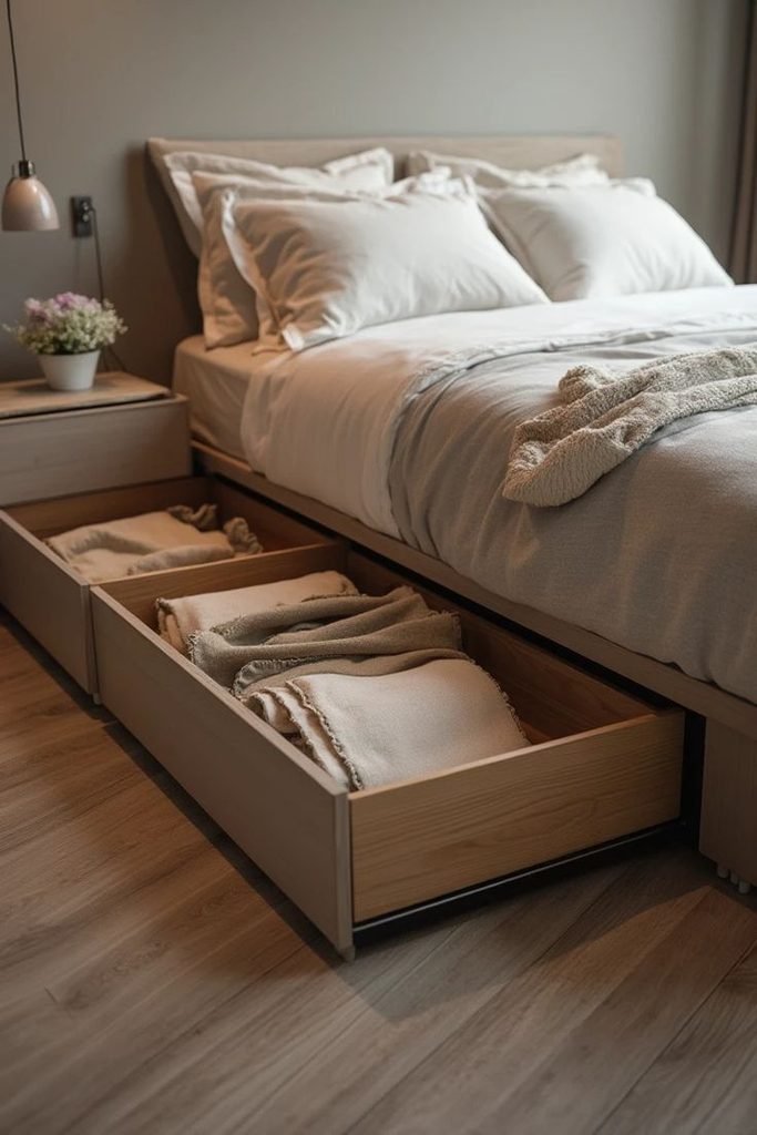 Bedroom with under-bed storage boxes for seasonal clothes and spare bedding