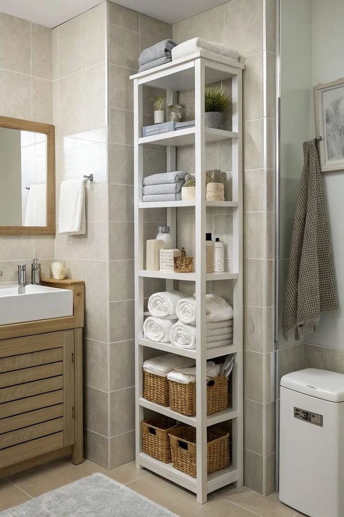 Small bathroom with vertical wall shelves, folded towels, and storage baskets