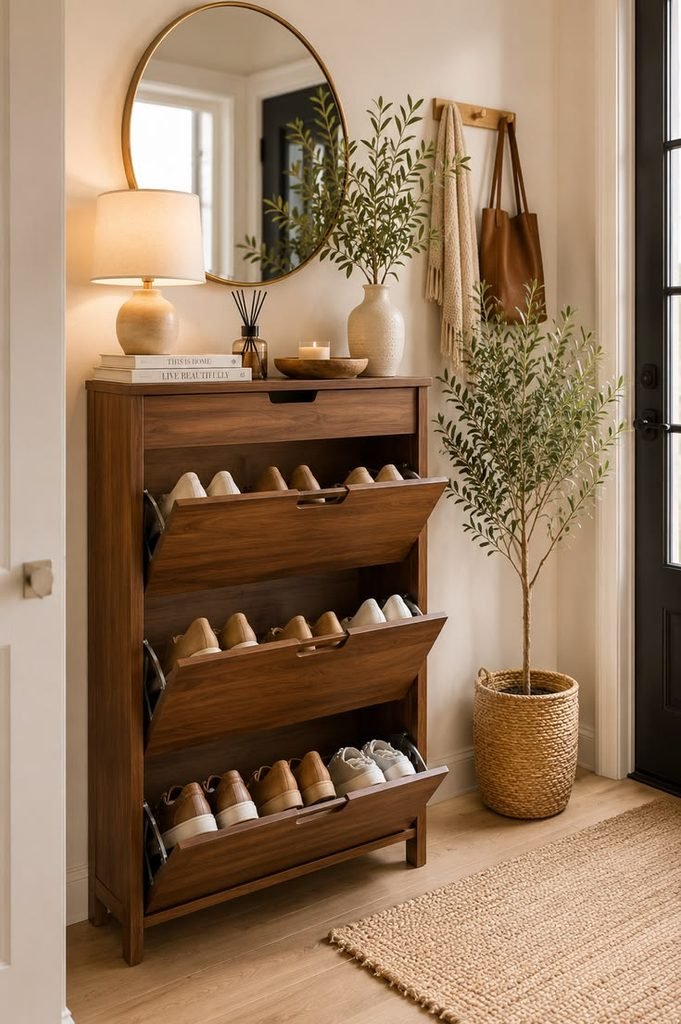 Narrow entryway with a slim wooden shoe cabinet and decorative accessories