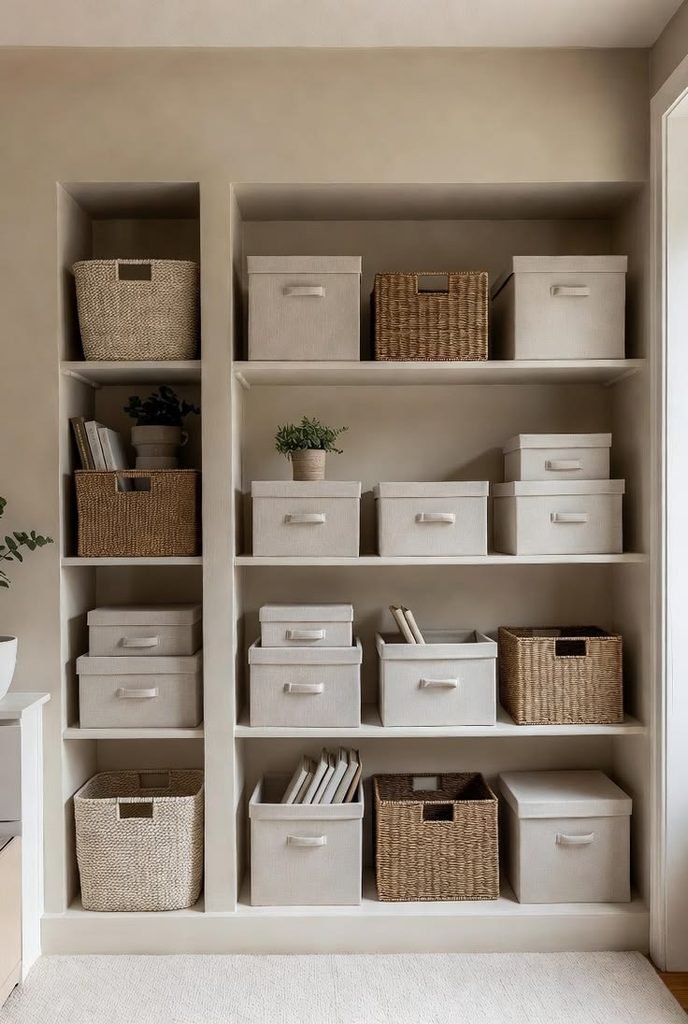 Living room bookshelf with decorative storage boxes, books, and ceramic decor
