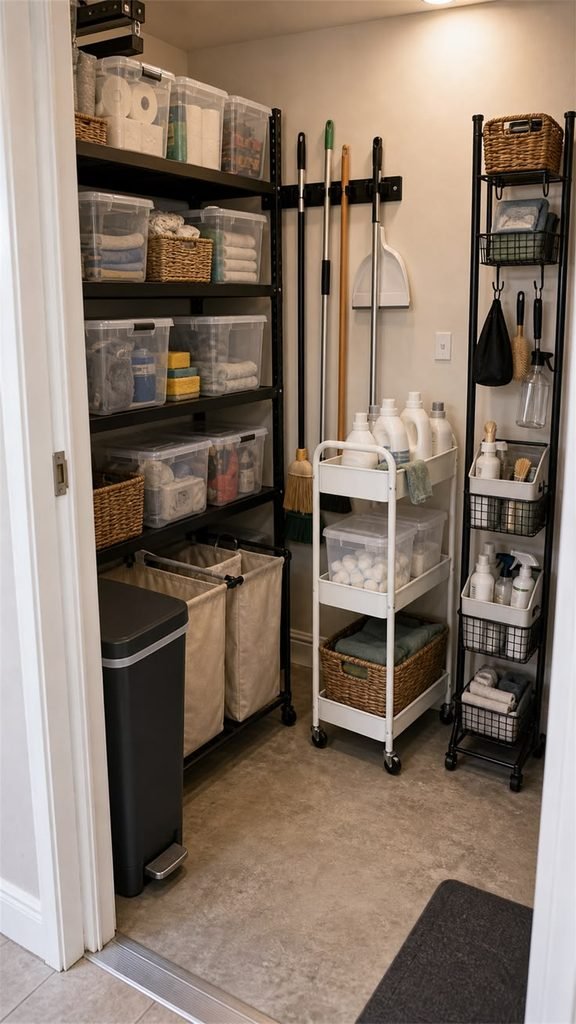 Organized utility closet with wall-mounted cleaning tools and storage baskets