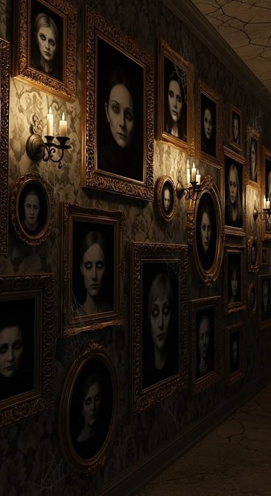 Halloween hallway gallery wall with vintage haunted portraits in ornate frames.