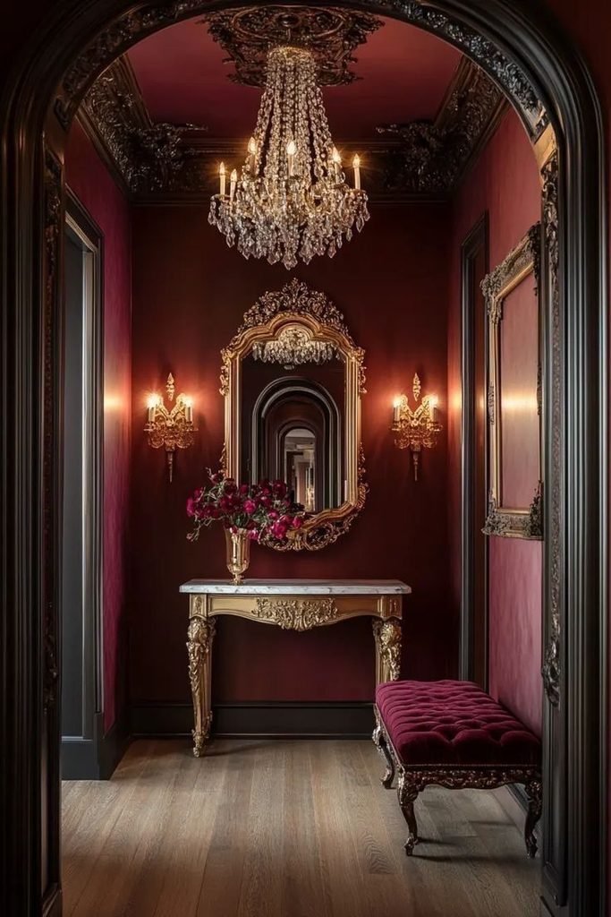 Burgundy and black Halloween floral arrangement in a dark vase on a hallway console.
