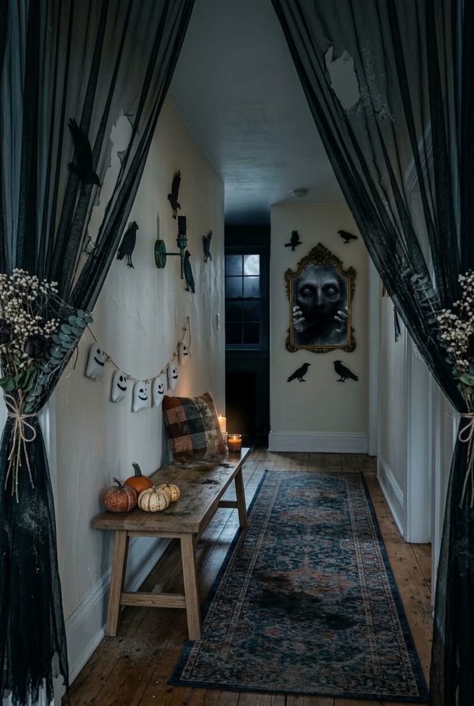 Cute white ghost garland above a halloween hallway decor ideas bench decorated with miniature pumpkins.
