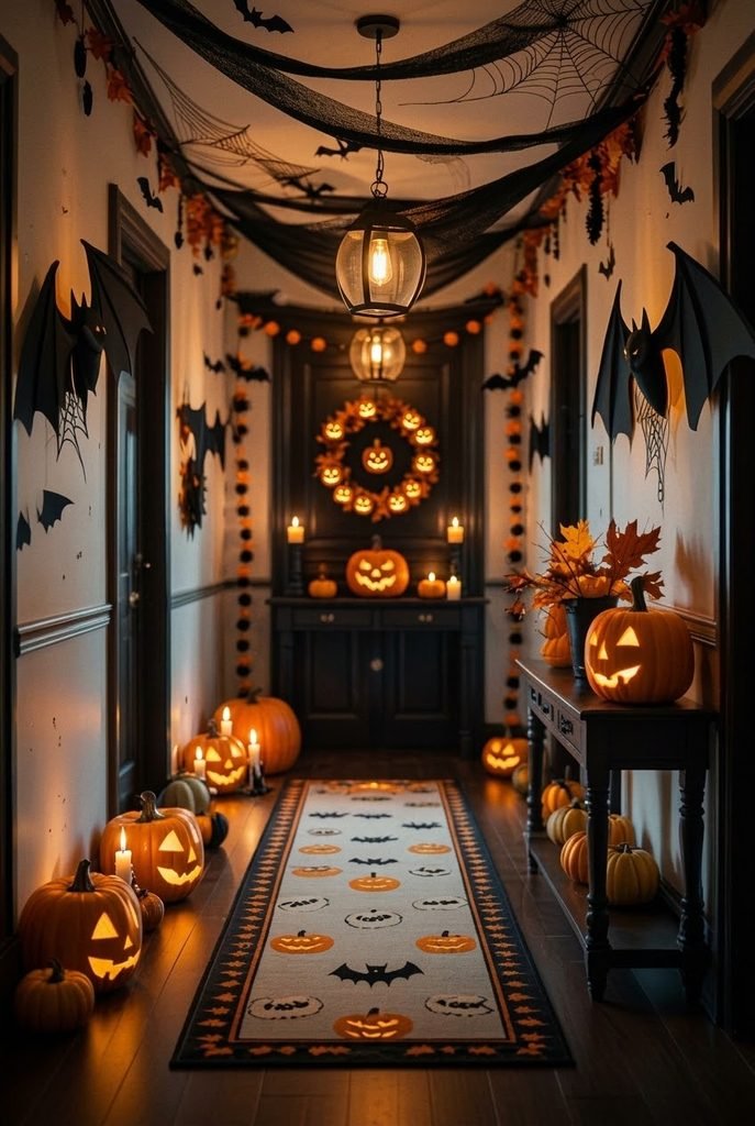 Halloween hallway ledge decorated with miniature pumpkins in warm autumn colors.