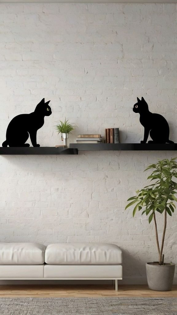 Halloween hallway wall decorated with black cat silhouettes and a crescent moon.