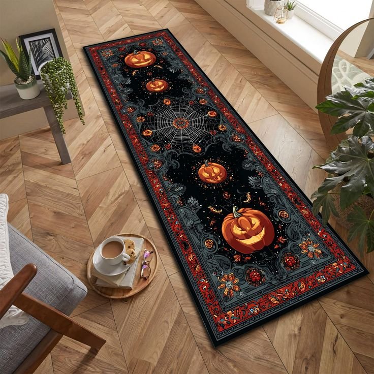 Moody Halloween hallway with a dark vintage runner rug and antique mirror.