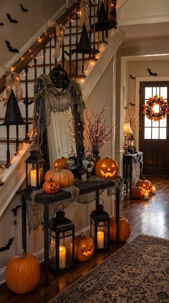 Warm amber Halloween lanterns and miniature pumpkins displayed on a hallway console.