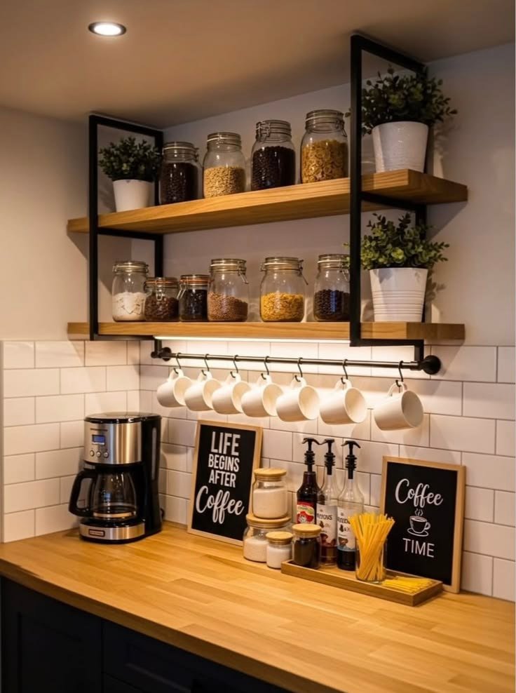 Cozy kitchen coffee station with an espresso machine, ceramic mugs, wooden tray, and coffee canisters