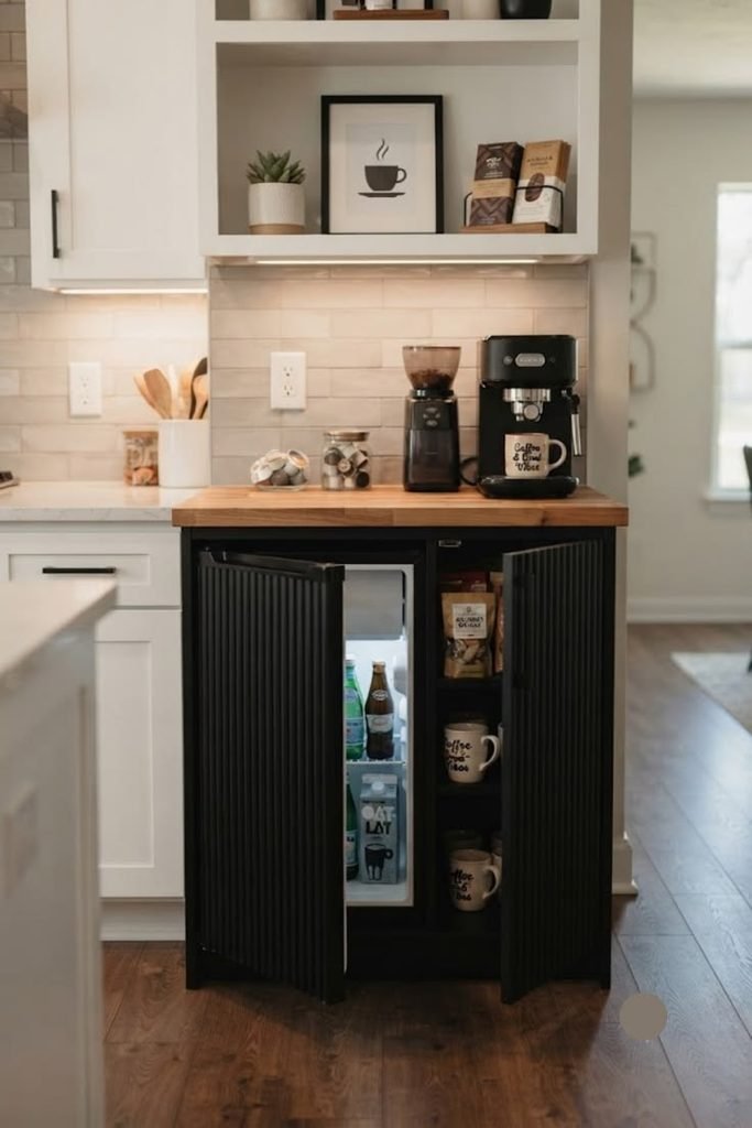 Small coffee bar ideas cabinet with a coffee maker, ceramic mugs, and organized coffee supplies