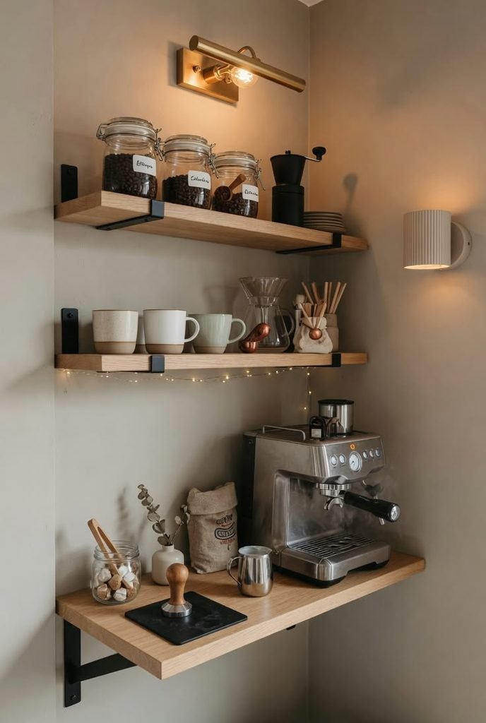 Small coffee station with a wooden floating shelf, ceramic mugs, coffee jars, and a compact coffee maker