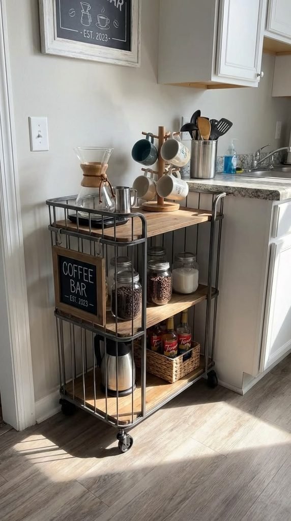 Rolling coffee cart with a coffee maker, ceramic mugs, coffee jars, and accessories in a cozy kitchen