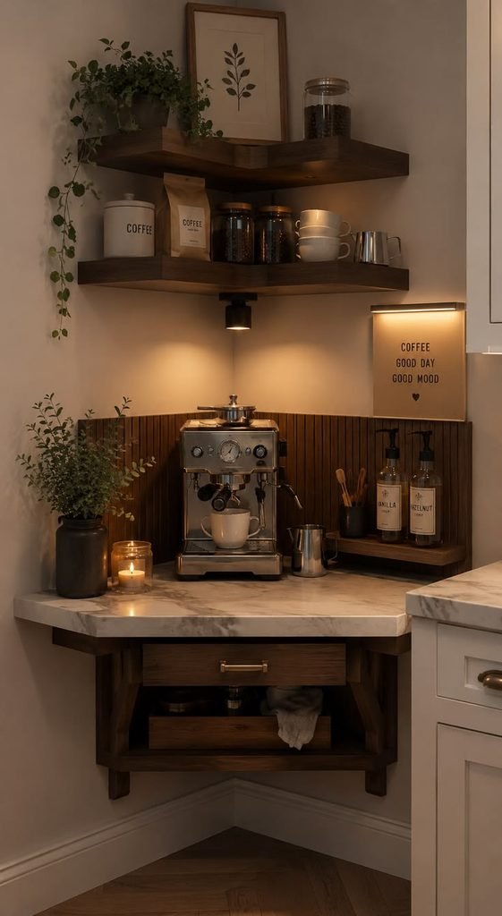 Small coffee station in a kitchen corner with a narrow wood cabinet, coffee maker, and framed wall art