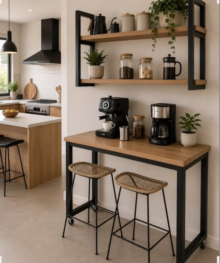 Cozy coffee nook with a wooden cabinet, coffee machine, ceramic mugs, woven basket, and decorative vase