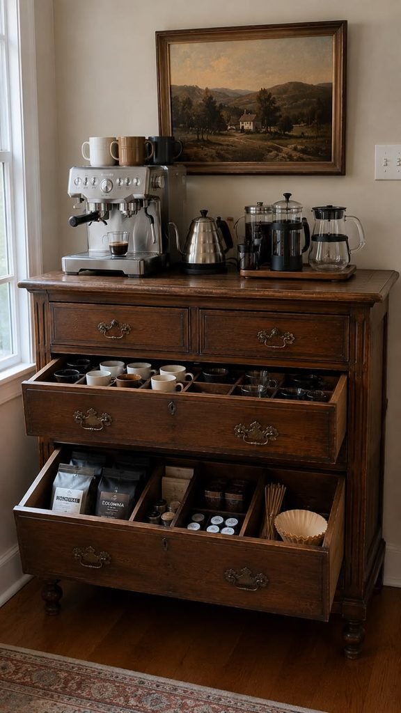 Vintage coffee station with an antique wooden cabinet, ceramic mugs, glass coffee jars, and brass accents
