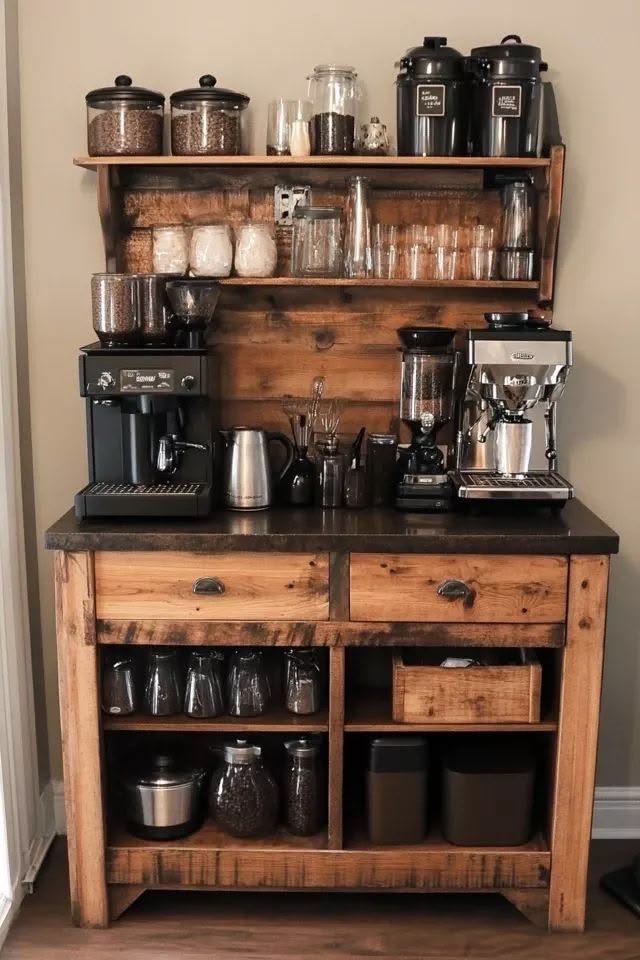 Farmhouse coffee bar with a wood shelf, ceramic mugs, metal canisters, woven basket, and coffee maker