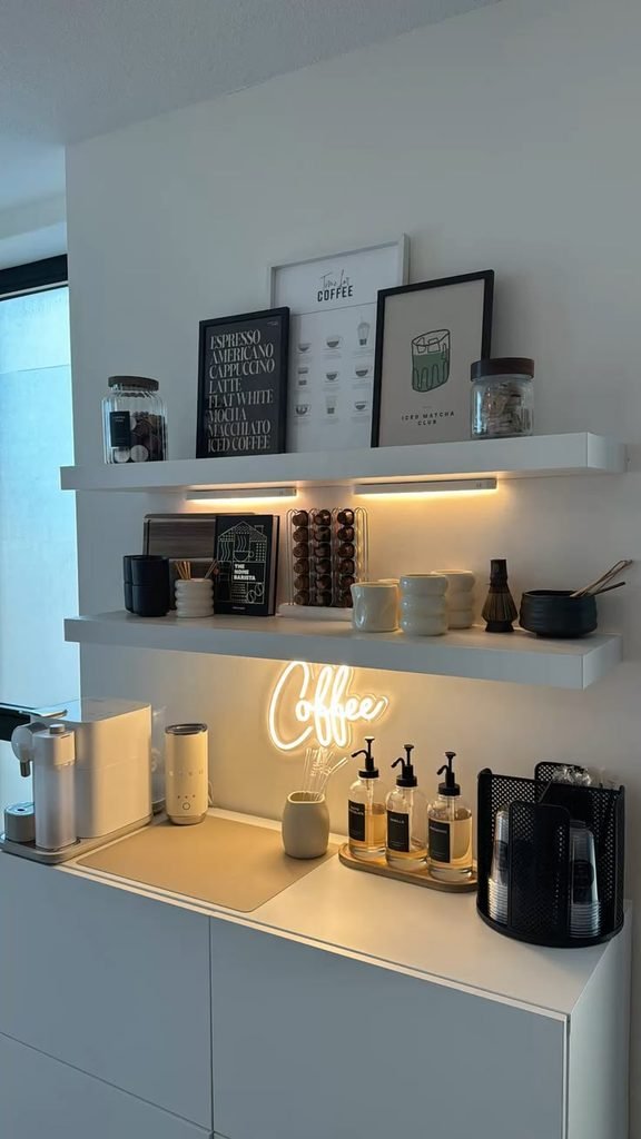 Modern minimal coffee station with a sleek espresso machine, stone tray, ceramic mug, and coffee canister