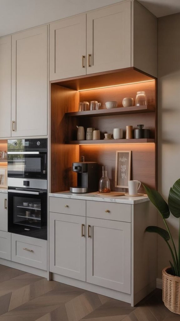 Built-in coffee station with an espresso machine, custom wood cabinetry, mugs, and organized coffee supplies
