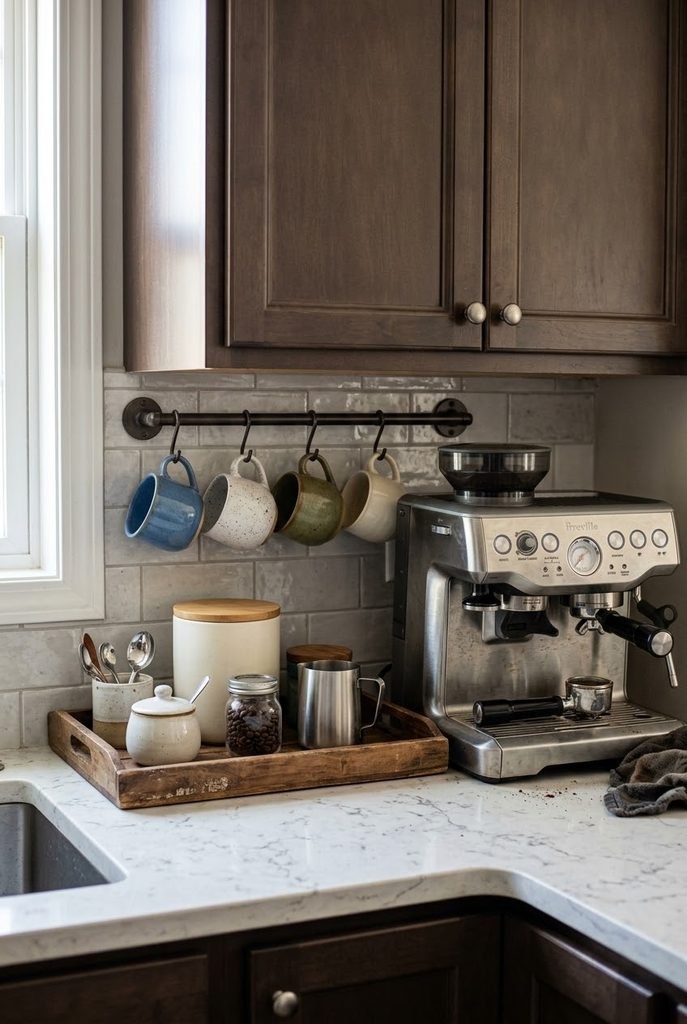 Coffee station under kitchen cabinets with an espresso machine, wooden tray, mug rail, and coffee canister