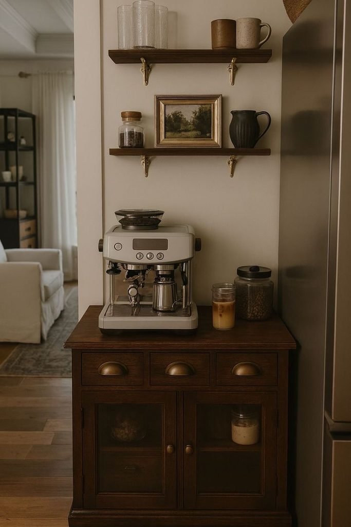 Warm wood coffee corner with a wooden cabinet, black espresso machine, ceramic mugs, glass jars, and woven basket