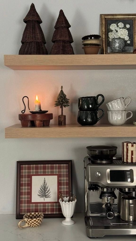 Seasonal coffee bar with an espresso machine, ceramic mug, small pumpkin, amber glass jar, and wooden tray