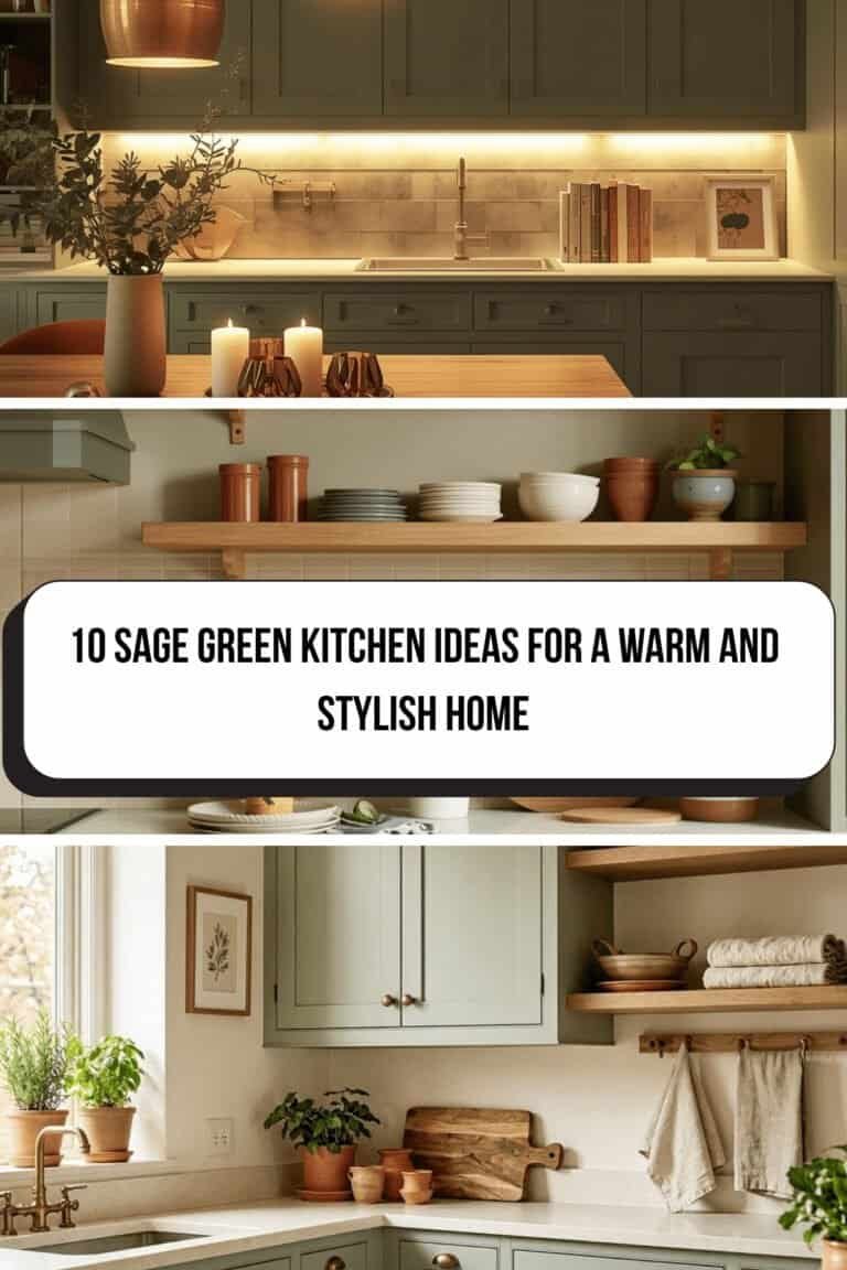 Sage green kitchen with warm wood and brass decor