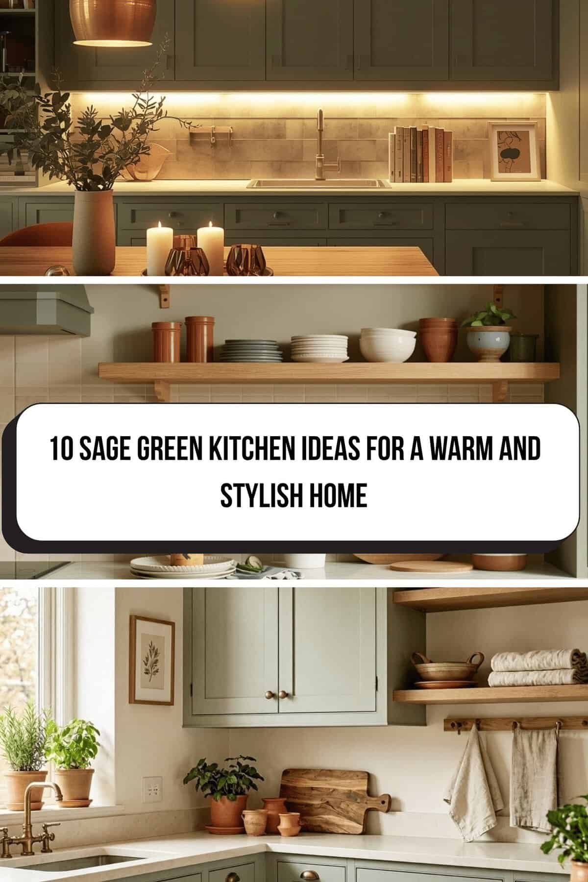 Sage green kitchen with warm wood and brass decor