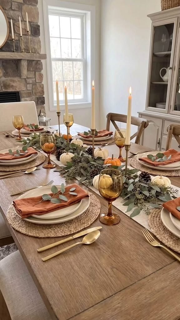 Warm neutral Thanksgiving tablescape ideas with cream linens, ceramic plates, woven chargers, and dried foliage.